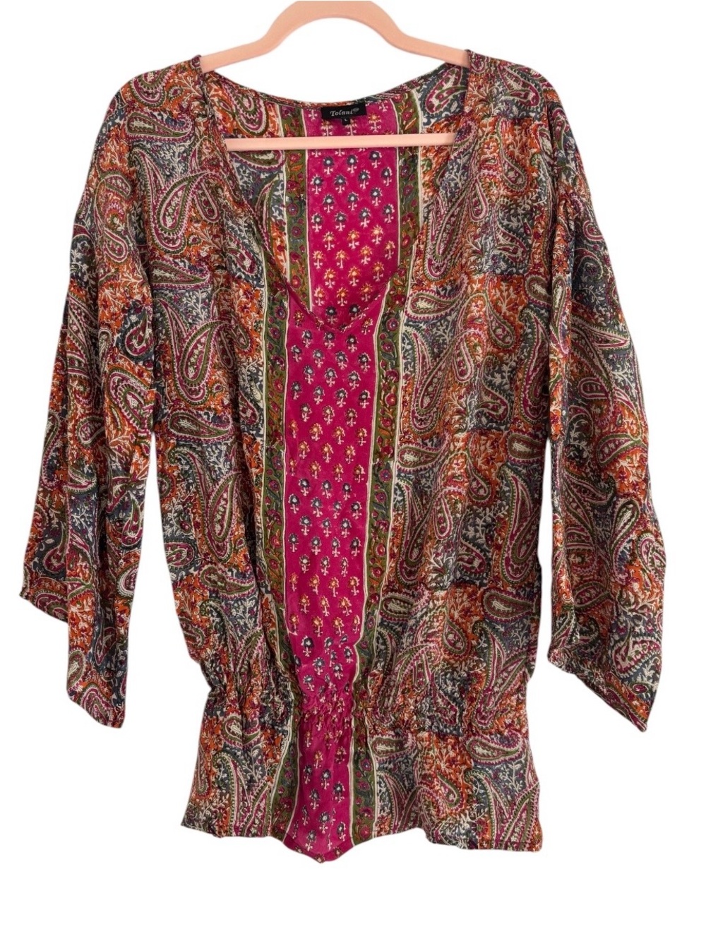 Tolani Silk Boho Paisley Women's Top in Fuchsia and Multi